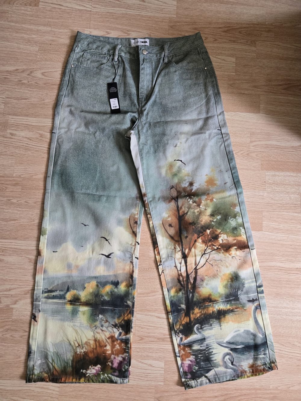 Fashion Nova Green Scenic Print Wide-Leg Jeans